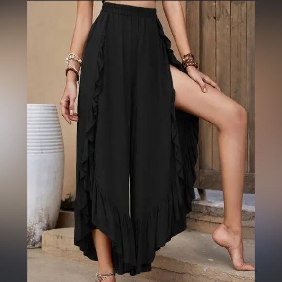 Henna store Green Wide-Leg Ruffle Split Skirt Pants Elastic Waistband O/S - Picture 16 of 16